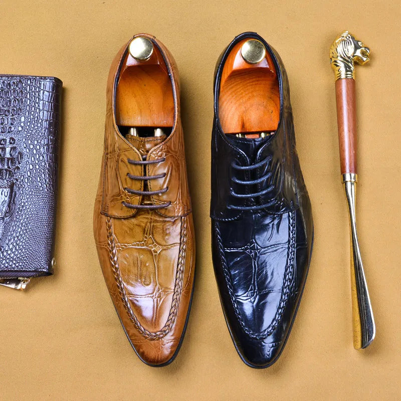Men's black alligator pattern leather shoes with horse bit buckle and low rubber sole