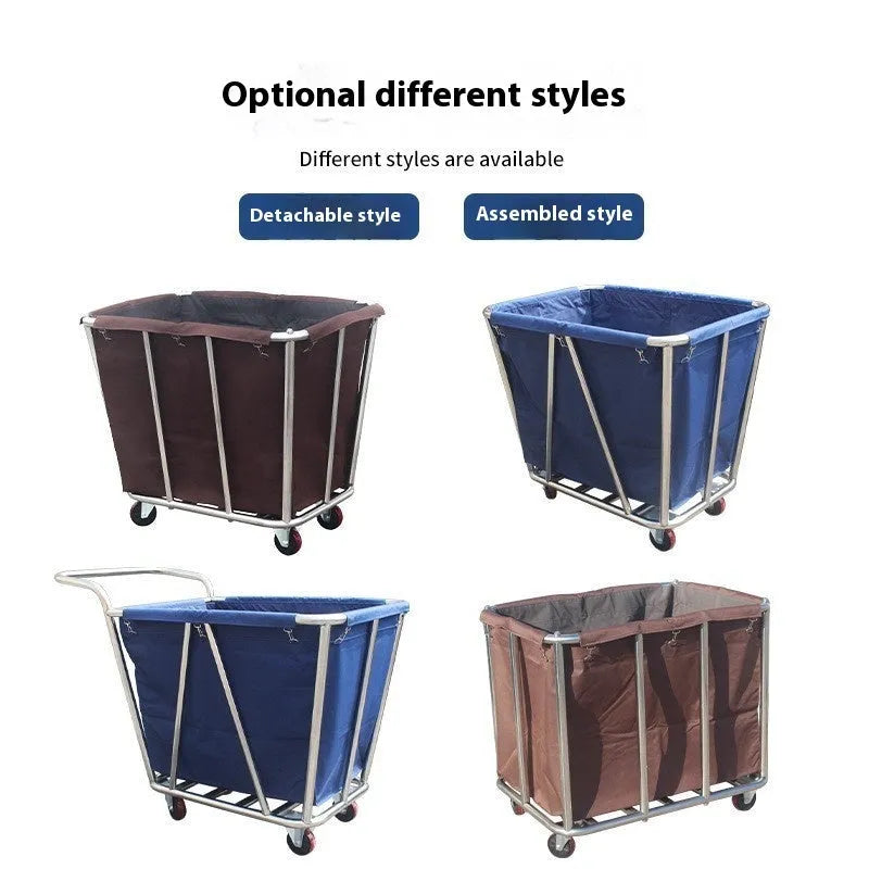 Stainless steel hotel housekeeping linen trolley with multiple tubes and a fabric bag.