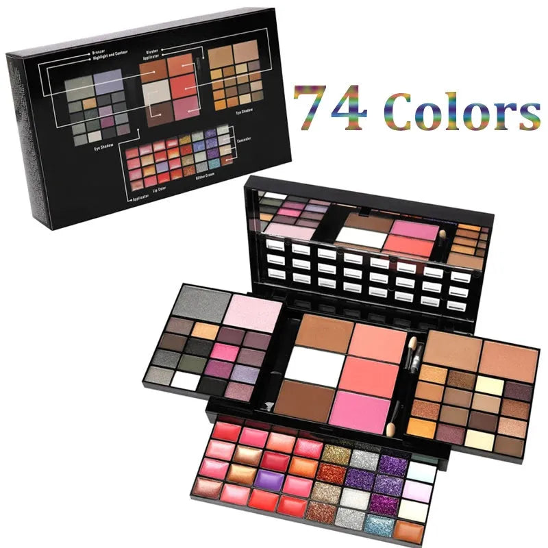 74-colour makeup set with 4-layer compact, eyeshadows, lip glosses, and brushes on display