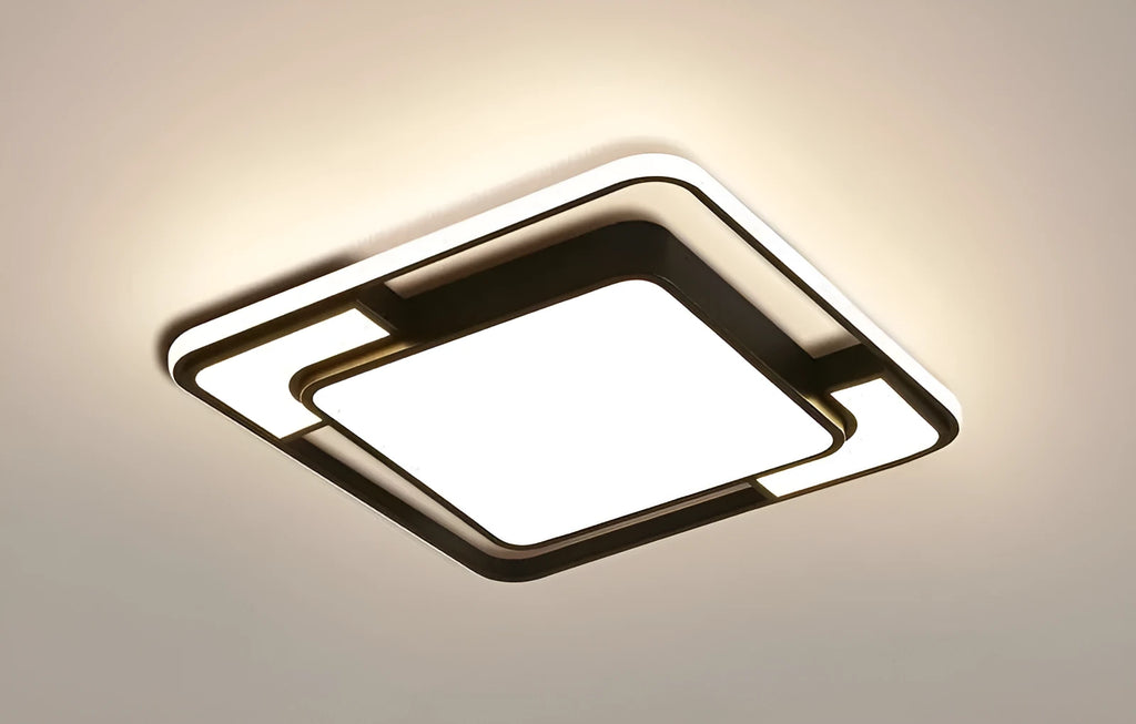 Square white LED ceiling lamp with iron frame and PVC hardware measuring 42x42x5 cm