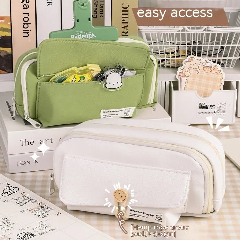 Large capacity canvas pencil case in green, beige, blue, and grey colours, holding approximately 80 pens.