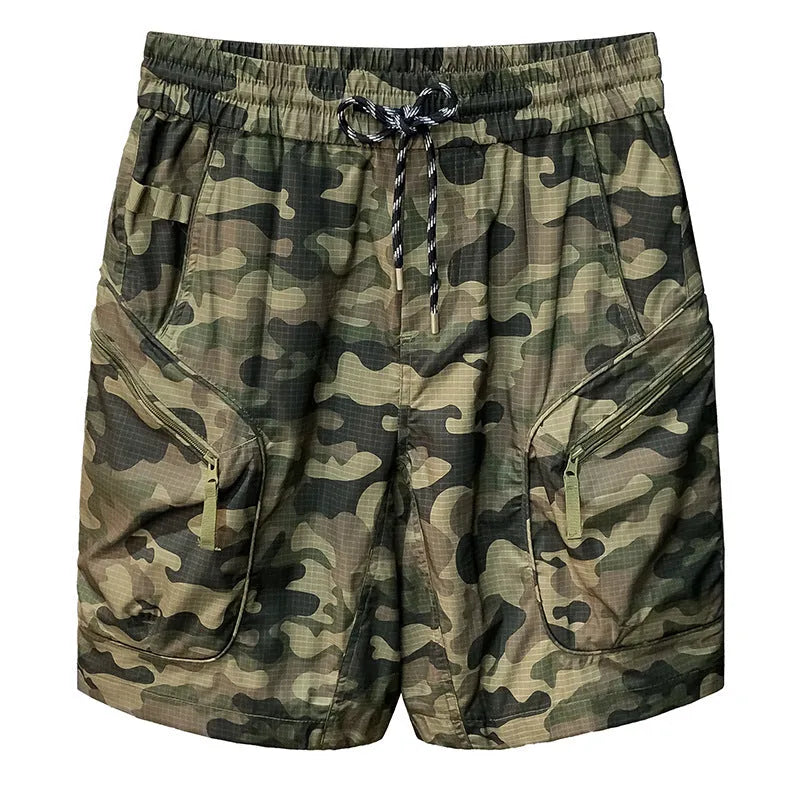 Men's loose fit camouflage cargo shorts with cargo pockets on a mannequin.