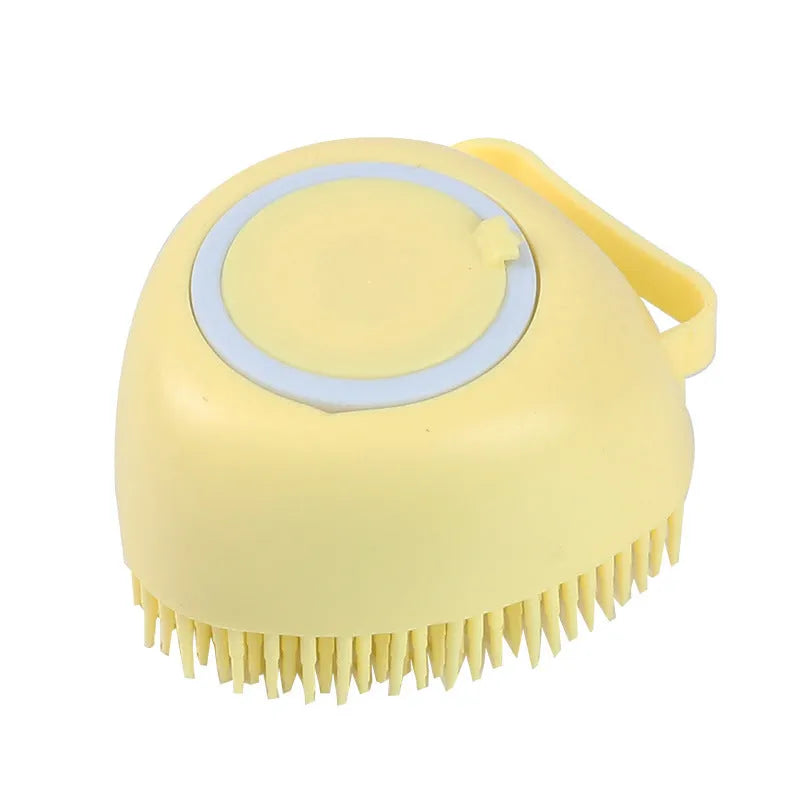 Blue silicone dog bath brush with flexible bristles on white background showing 9cm length