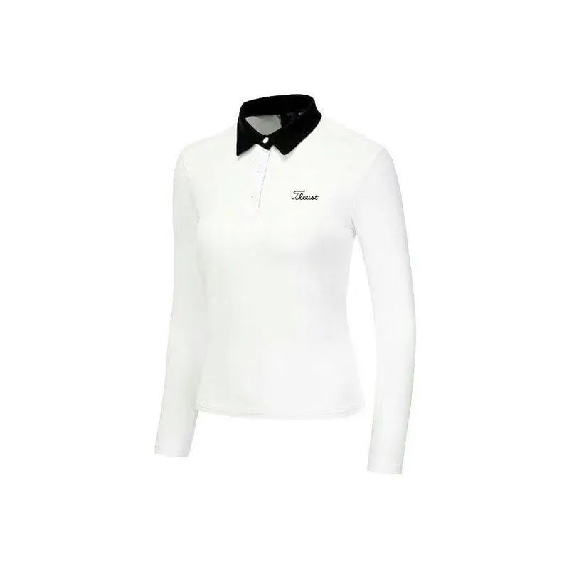 Women's white slim-fit long sleeve polyester sports top for golf and outdoor activities.