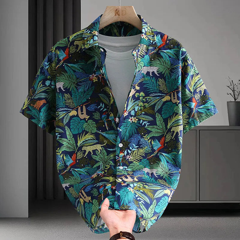 Men's short sleeve cotton cardigan shirt with printed Hawaiian floral pattern in various colour options