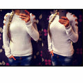 Women's grey hollow-out knitted shirt with crocheted detailing and round neckline