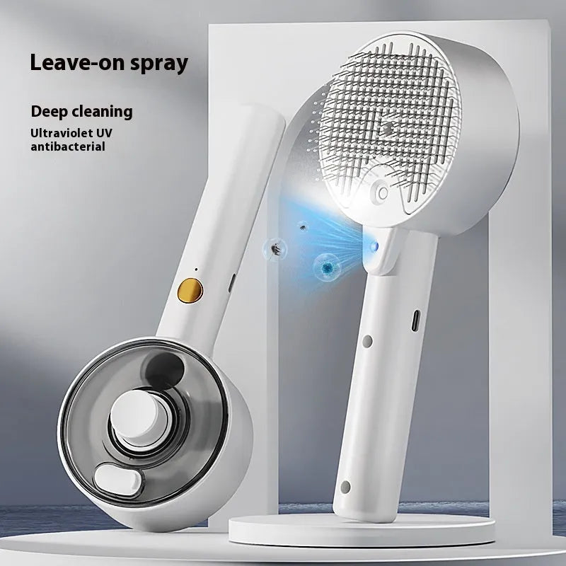 Ceramic white pet grooming comb with soft needles, UVC blue light, and a mist spray nozzle.