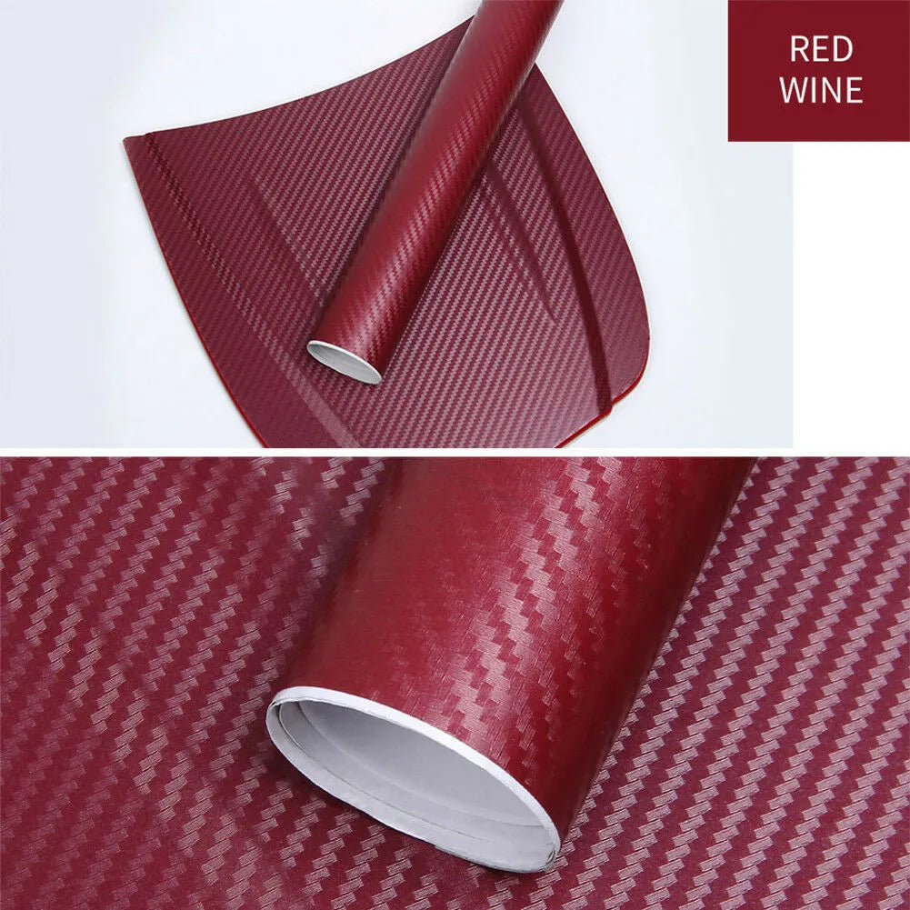 Roll of black carbon fibre textured vinyl sticker for car decoration, showing 3D pattern.