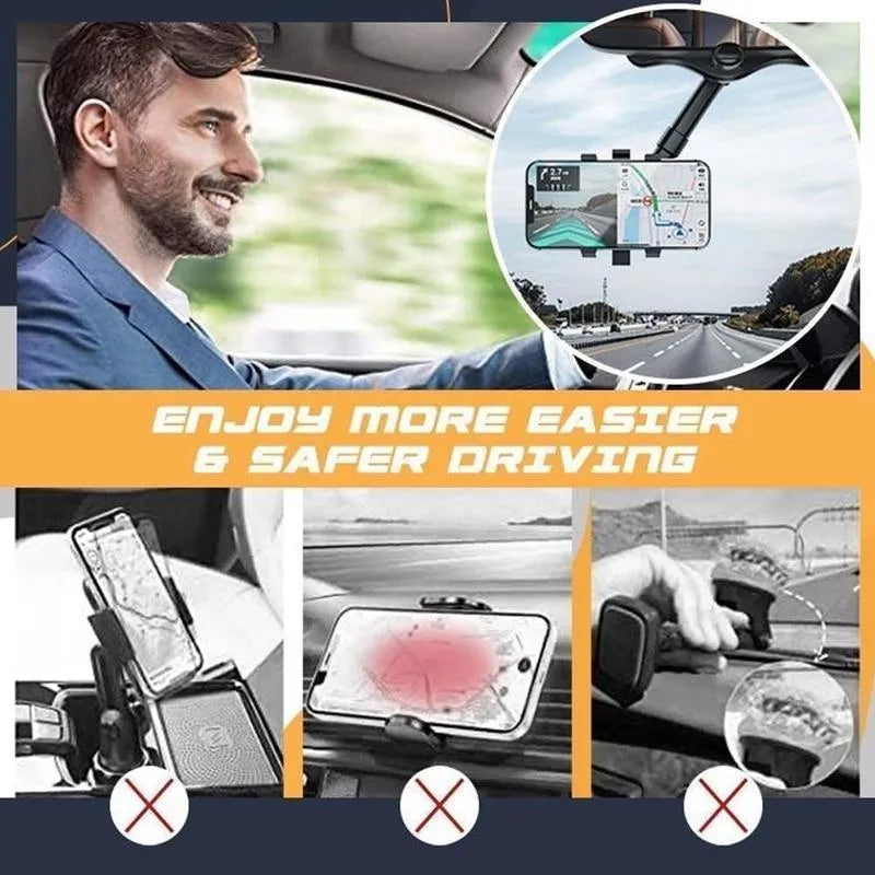 Black rearview mirror phone holder mounted on car mirror with phone in landscape orientation