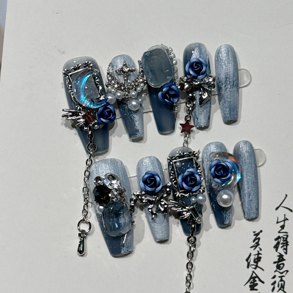 Heavy Industry Blue Beauty Evening Manicure with ornate rose pattern in V04 night blue colour for ladies