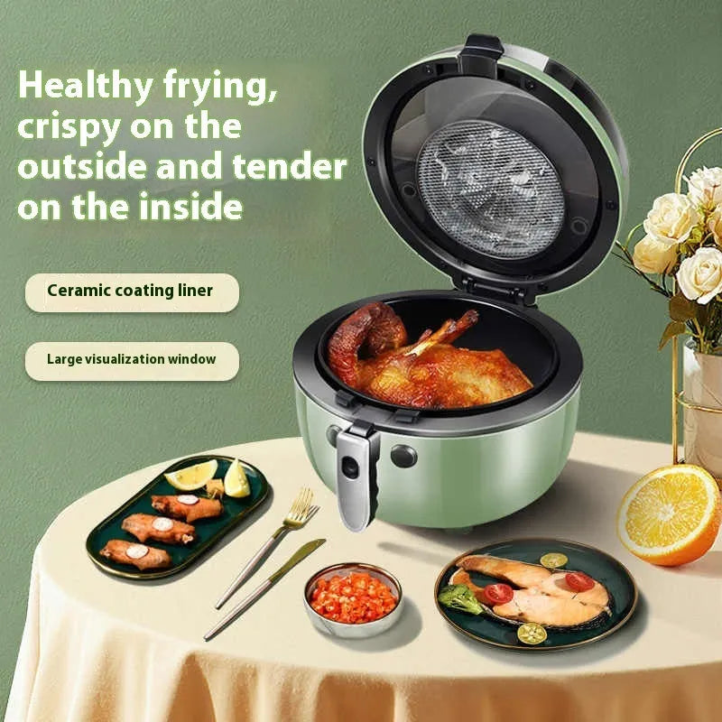 Air fryer oven with 8-litre capacity, nano-ceramic coating liner, and mechanical buttons on a kitchen counter