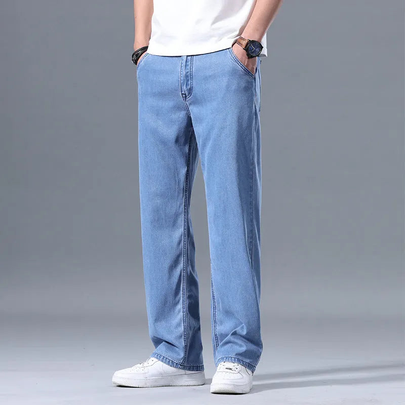 Men's light blue lyocell loose straight-leg casual jeans with zip fly