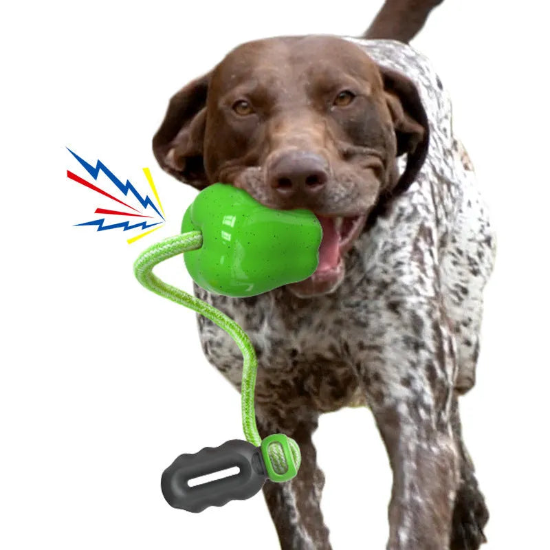 Green plastic spherical dog toy with textured surface and food dispensing opening for dental care and interactive play