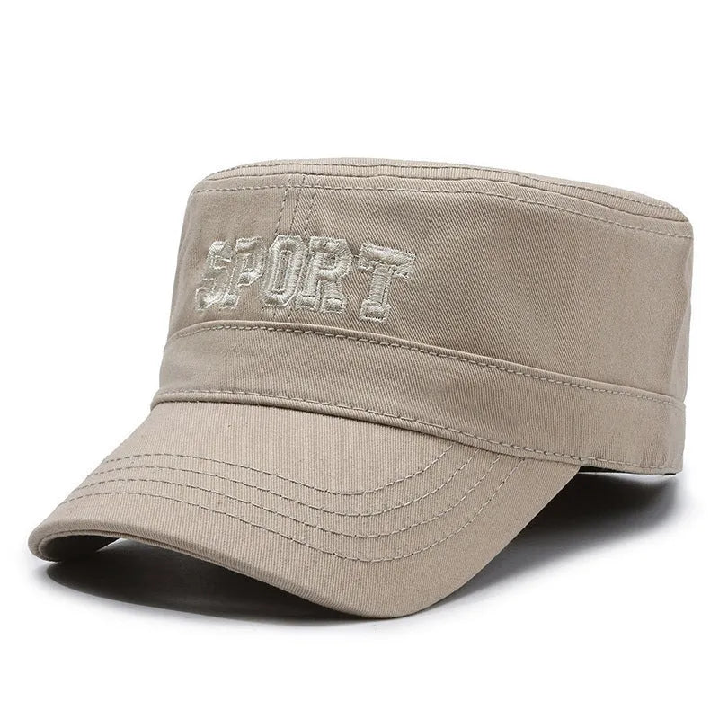 Men's flat-top peaked cap in cotton with adjustable strap and dome crown, available in multiple colours.