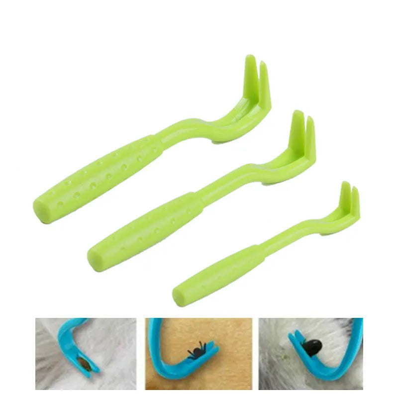 Three plastic tick removal hooks in blue and green colours for pet grooming, shown with size scale.