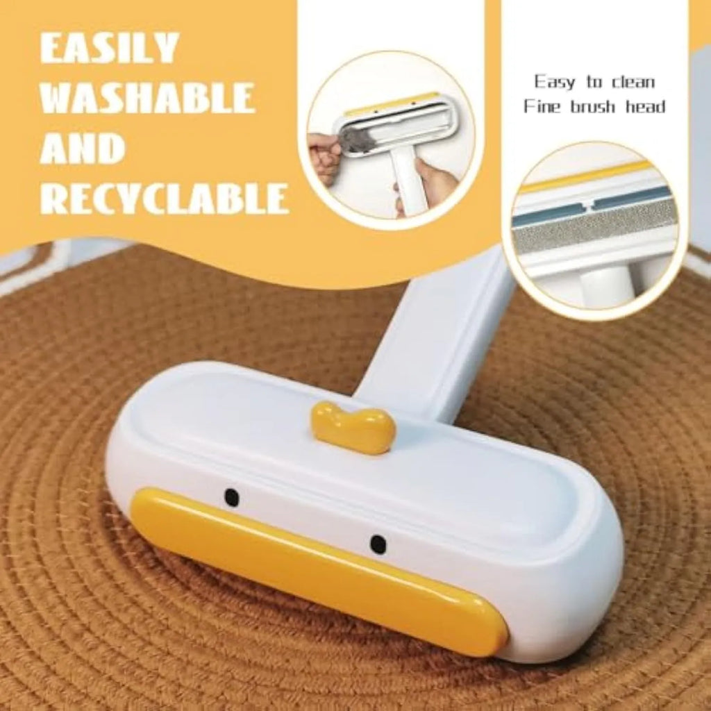 Portable pet hair remover with yellow duck design, reusable for cleaning fur from surfaces