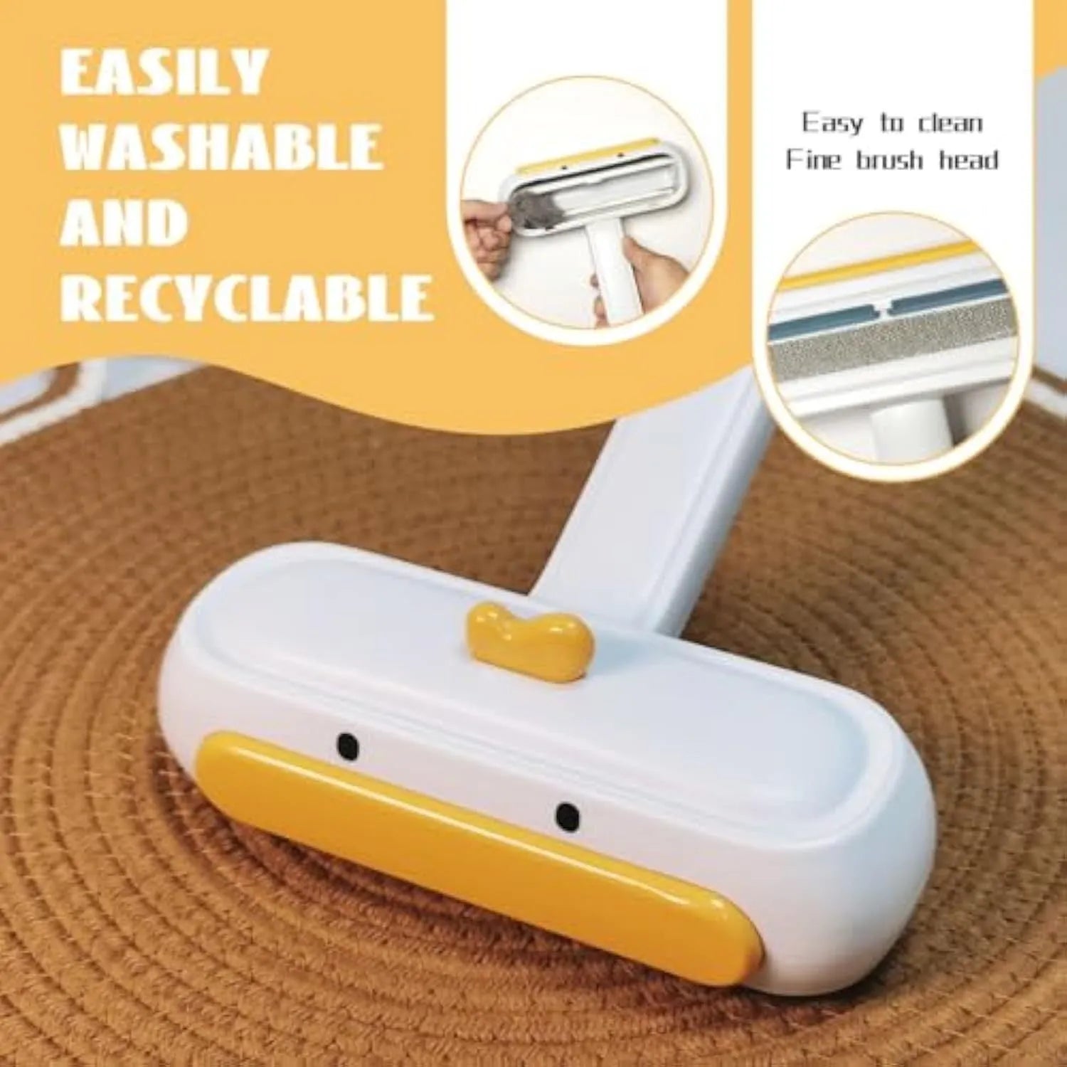 Portable pet hair remover with yellow duck design, reusable for cleaning fur from surfaces