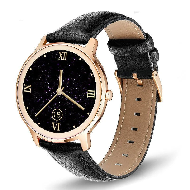 Women's smart watch with stainless steel wristband and 1.3 inch touch screen showing watch face display