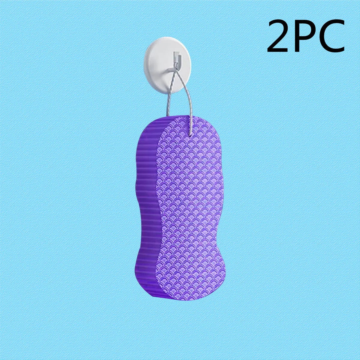 3D body rubbing sponge with fish scale pattern in white, grey, pink, or light blue, showing super-soft texture for gentle exfoliation