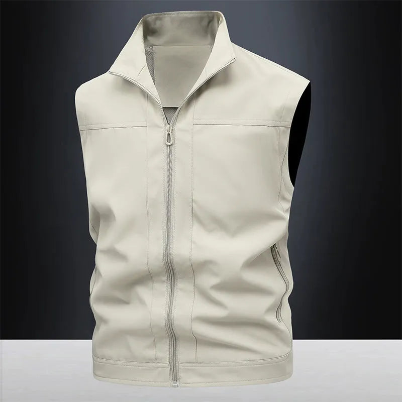 Men's loose-fit stand-up collar workwear shirt in khaki colour showing quick-drying fabric texture