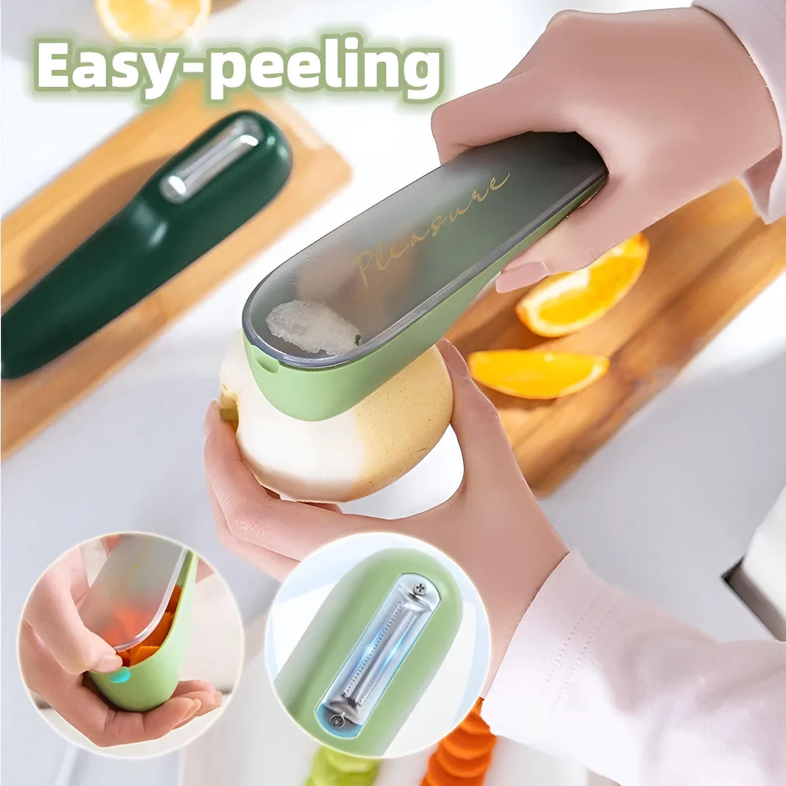 Green kitchen peeler with storage tube and stainless steel blade for fruit and vegetables