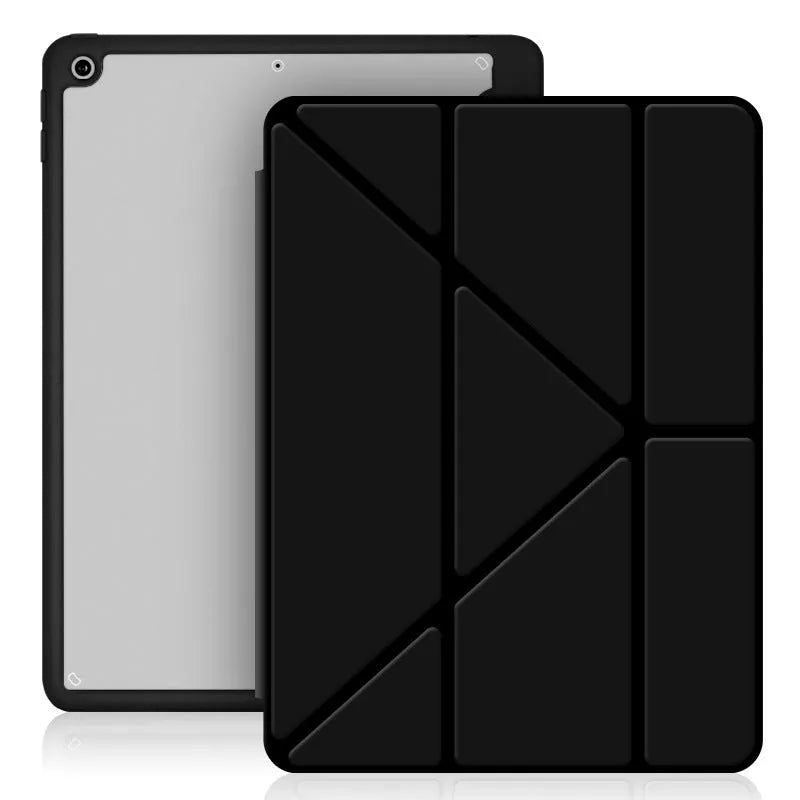 iPad acrylic Y folding protective case with pen slot in imitation leather, showing bracket function