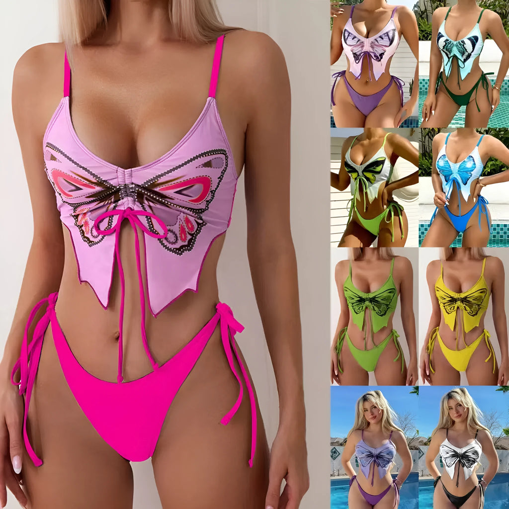 Women's bow ins style split bikini suit in purple, sleeveless design with European pattern for fitness and swimming