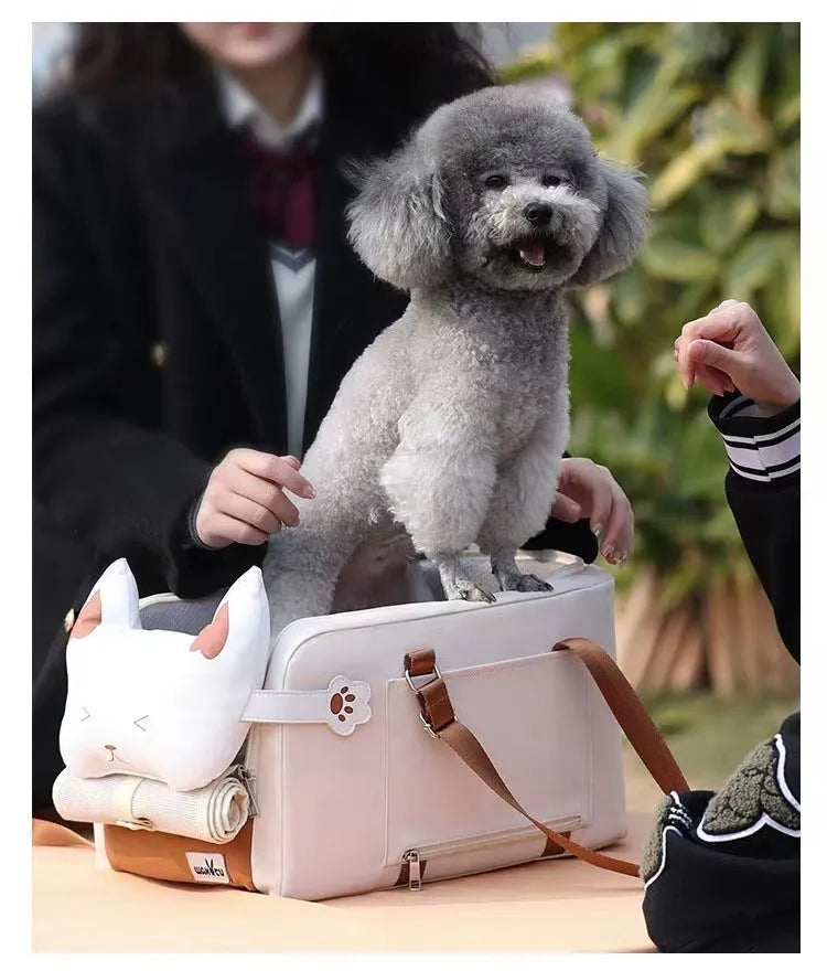 Beige hard-sided cat carrier with one-shoulder strap, EPE padding interior, dimensions 43x25x22.5cm