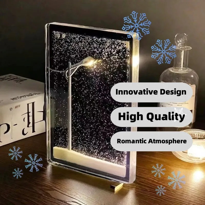 Magic snowy landscape night light DIY kit with LED lights and snowy decor elements on a desktop