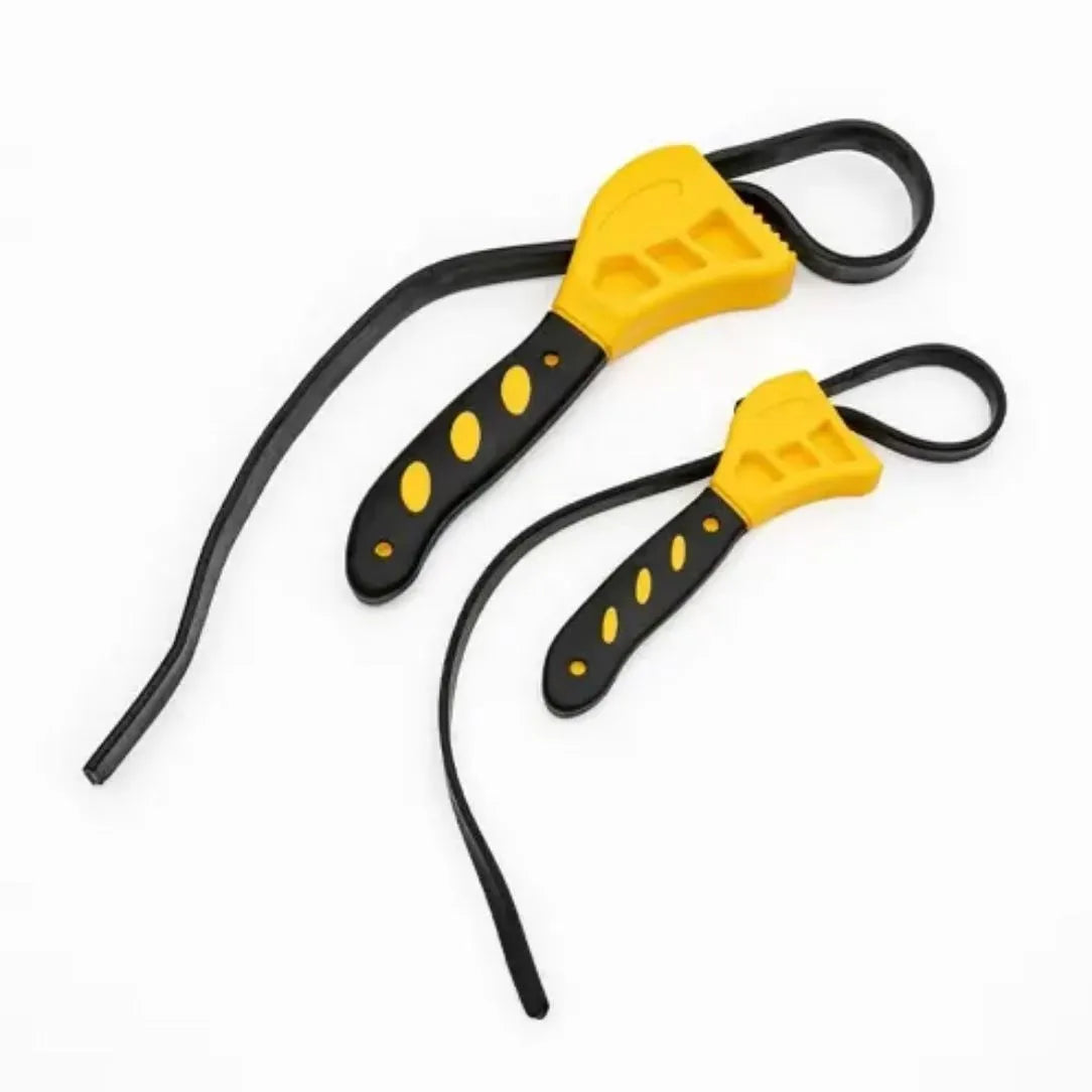Adjustable rubber strap wrench set with phosphated finish, showing 6-inch and 8-inch sizes for filter and fitting maintenance