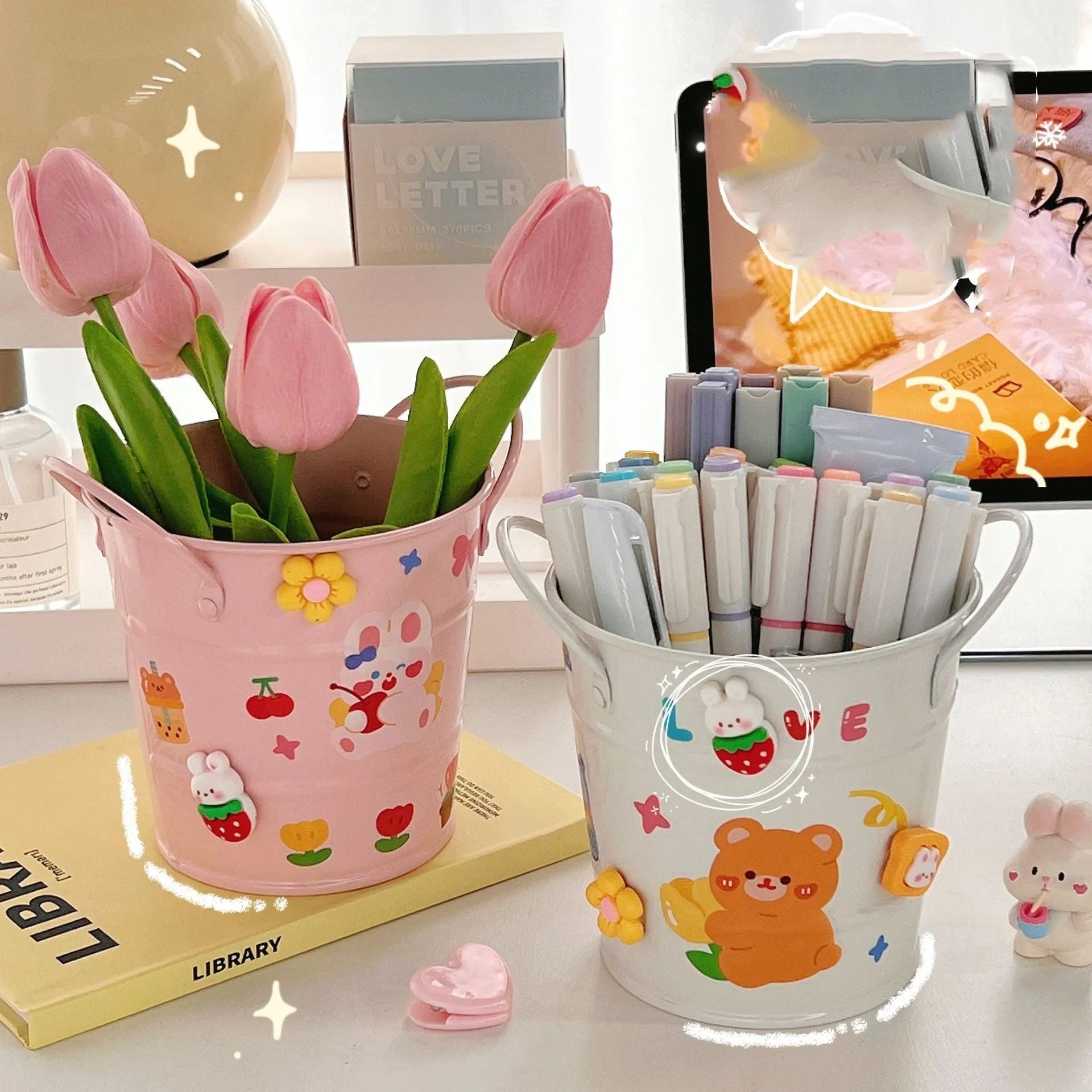 Round metal pen holder in various colours with sticker patch options for desk organisation