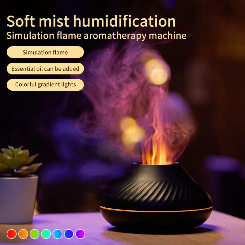 Beige USB aromatherapy diffuser with flame effect lighting on wooden table