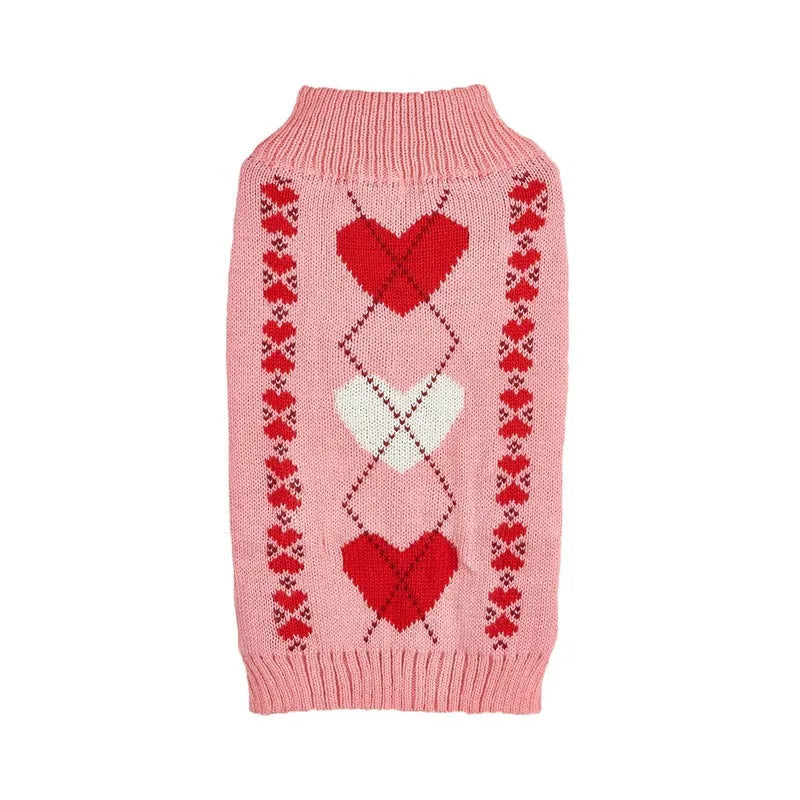 Red love heart dog sweater with bow decoration on a small breed pet, showing acrylic knit and fit