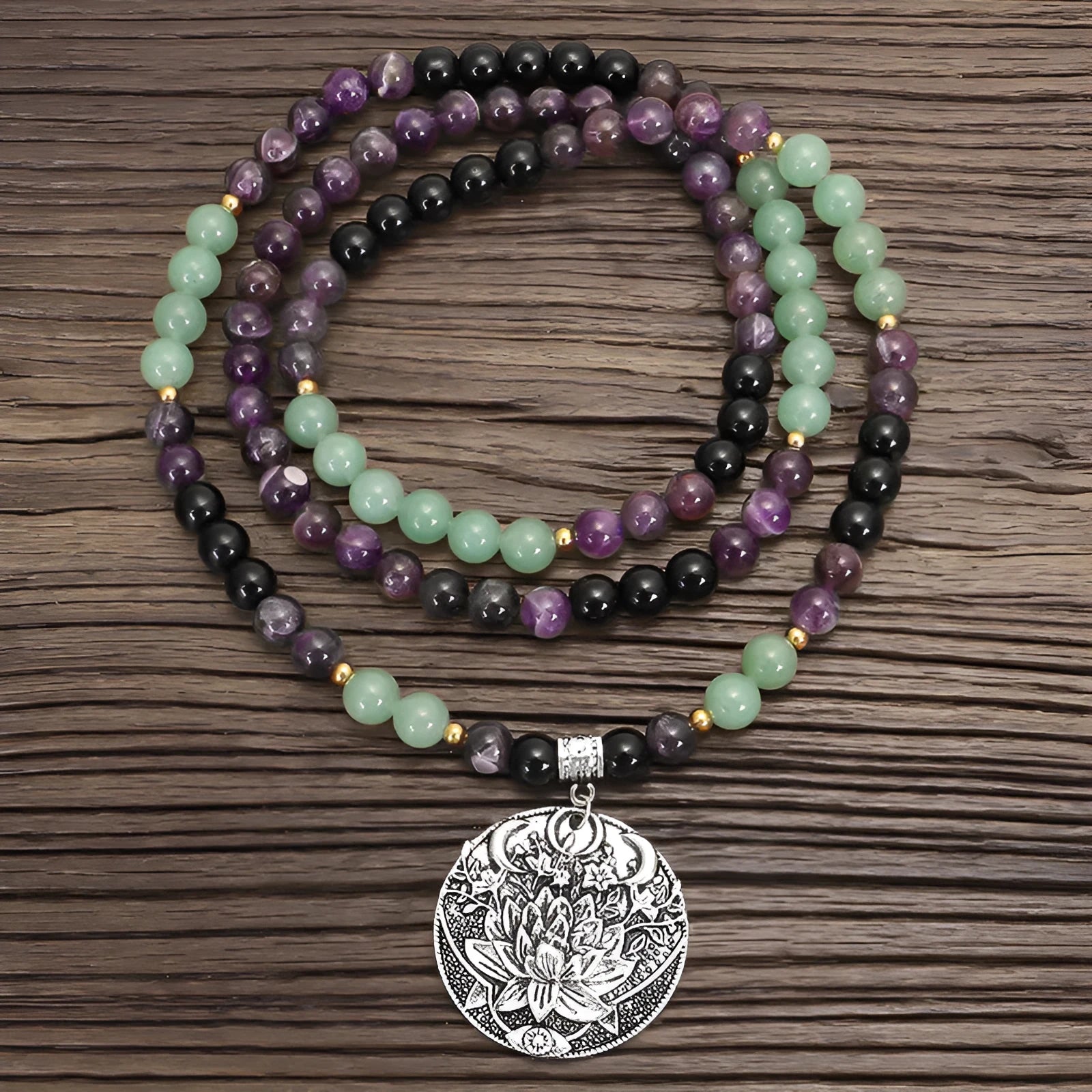 Handmade stone yoga lotus pendant necklace and matching bracelet with alloy centrepiece