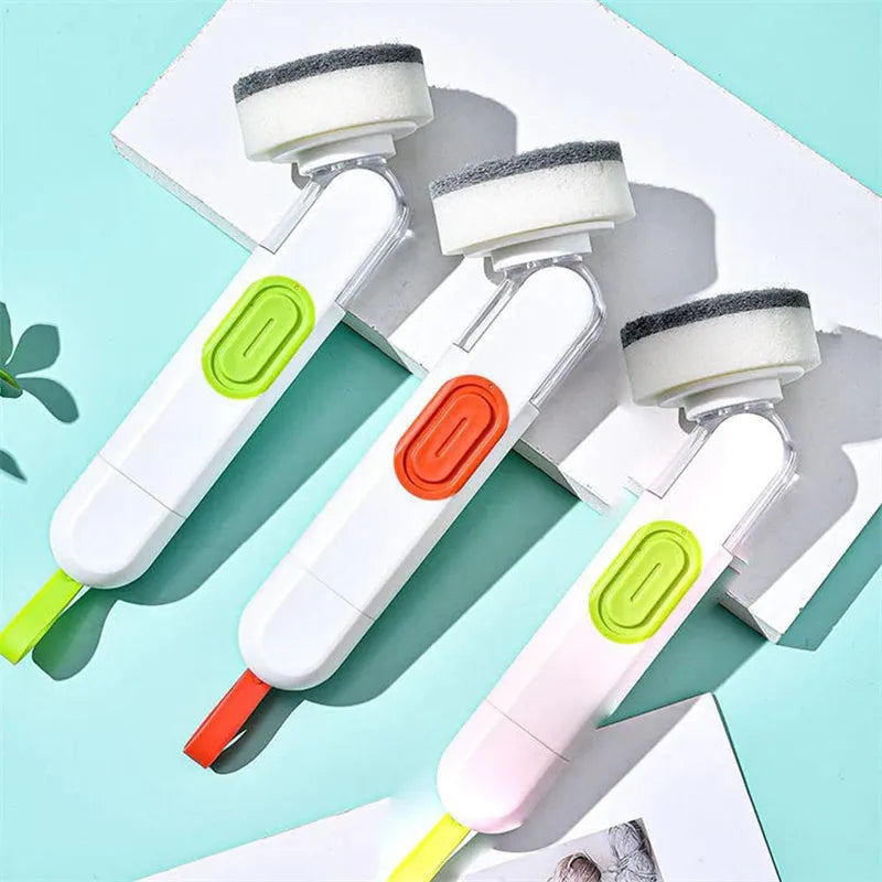 Long-handle kitchen cleaning brush with integrated soap dispenser and two removable brush heads, in white and red colour option.