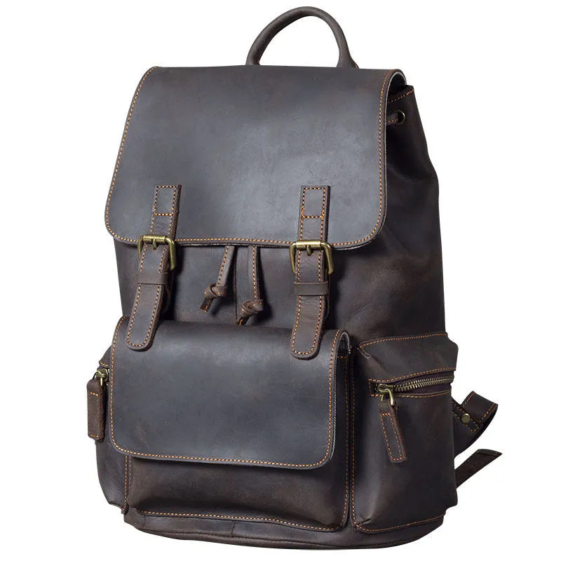 Brown Retro Crazy Horse genuine leather backpack with double straps and soft handle
