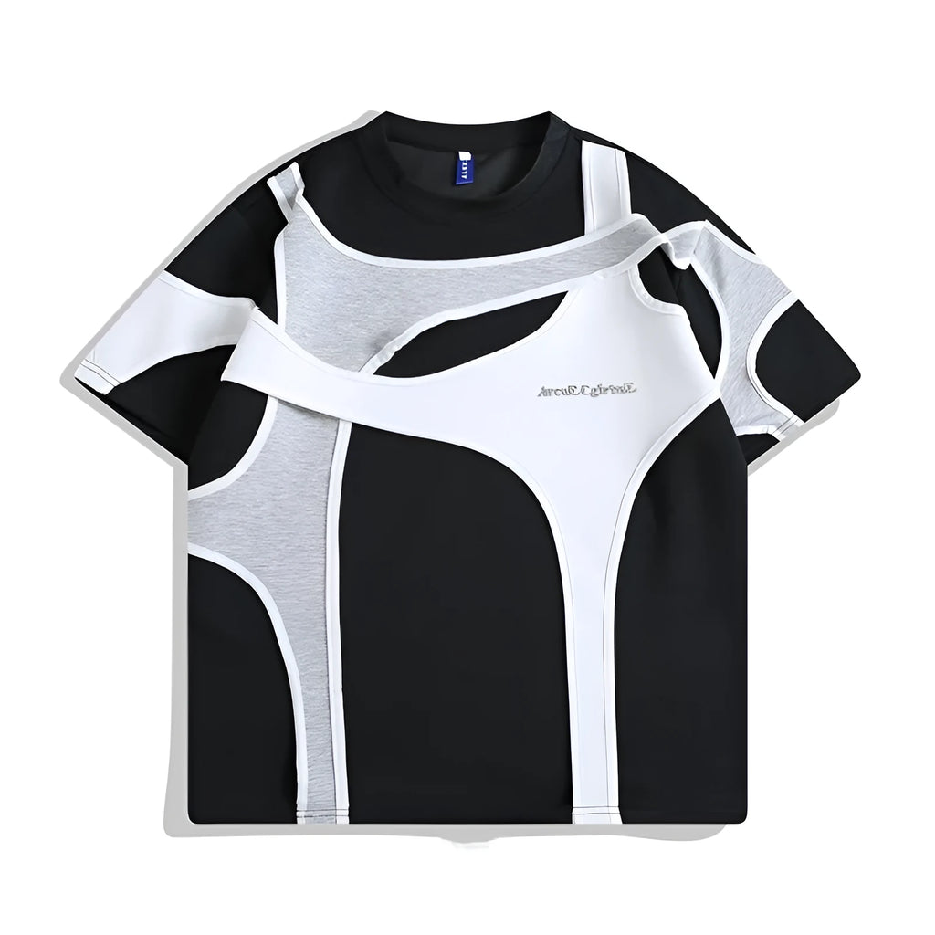 Men's black loose-fit T-shirt with double stitching and padded shoulders on hanger