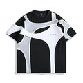 Men's black loose-fit T-shirt with double stitching and padded shoulders on hanger