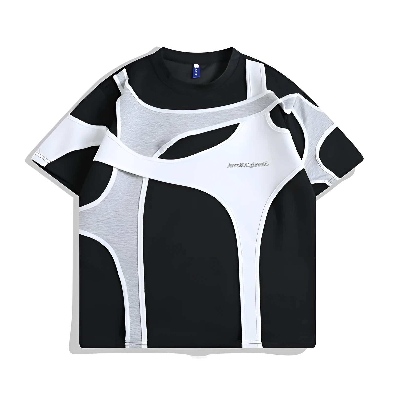 Men's black loose-fit T-shirt with double stitching and padded shoulders on hanger