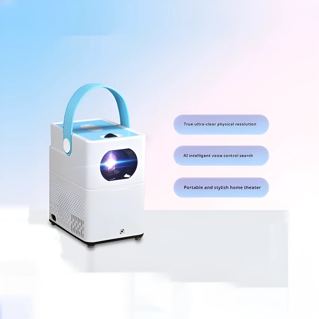 Smart HD home projector with remote control showing 1280x800 resolution and Android system display