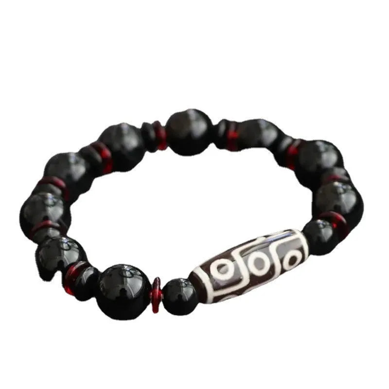 Hand-woven black agate dzi bead bracelet with 11mm geometry beads in national style design