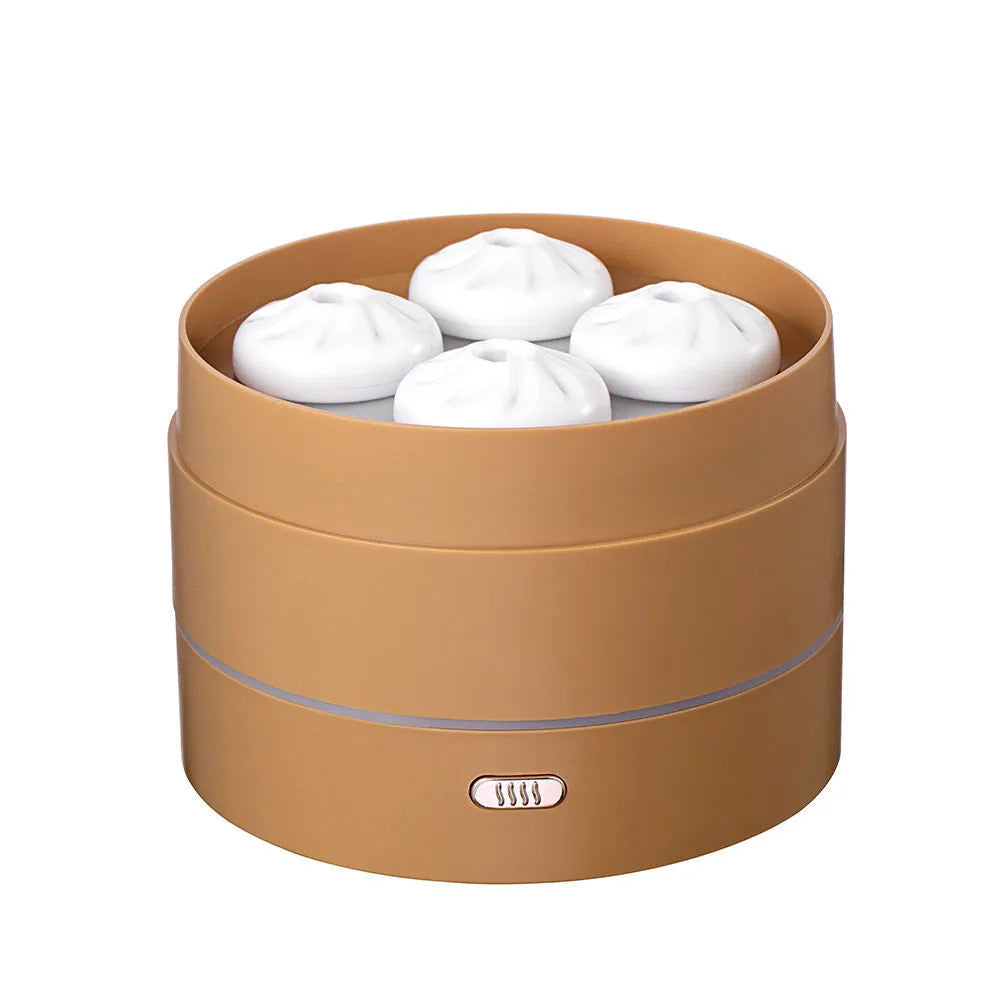 200ml USB ultrasonic aroma diffuser with four-spray design, steaming bun shape, and LED night light in Coffee or White