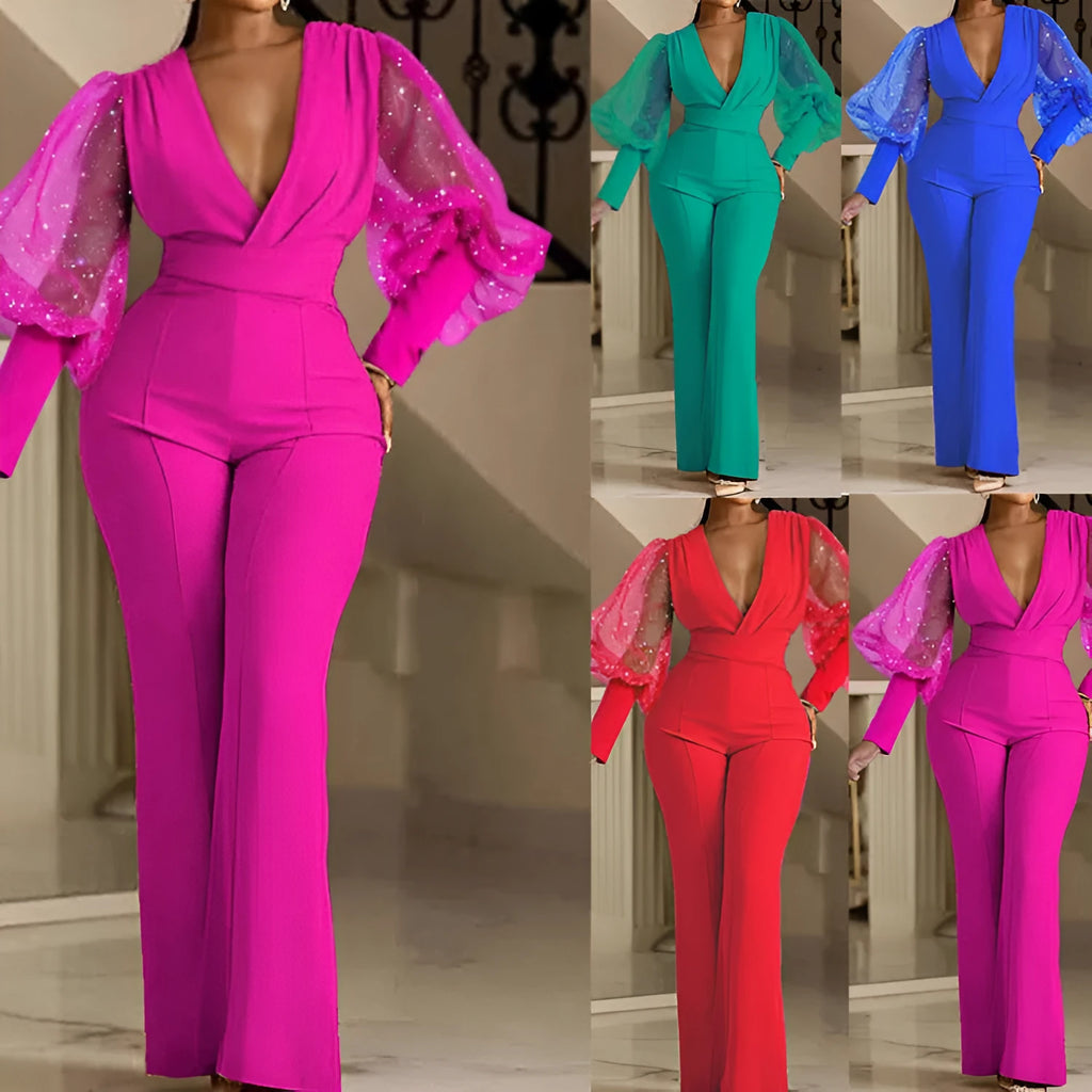 Red mesh stitch detail jumpsuit with elastic waist and wide legs on a mannequin
