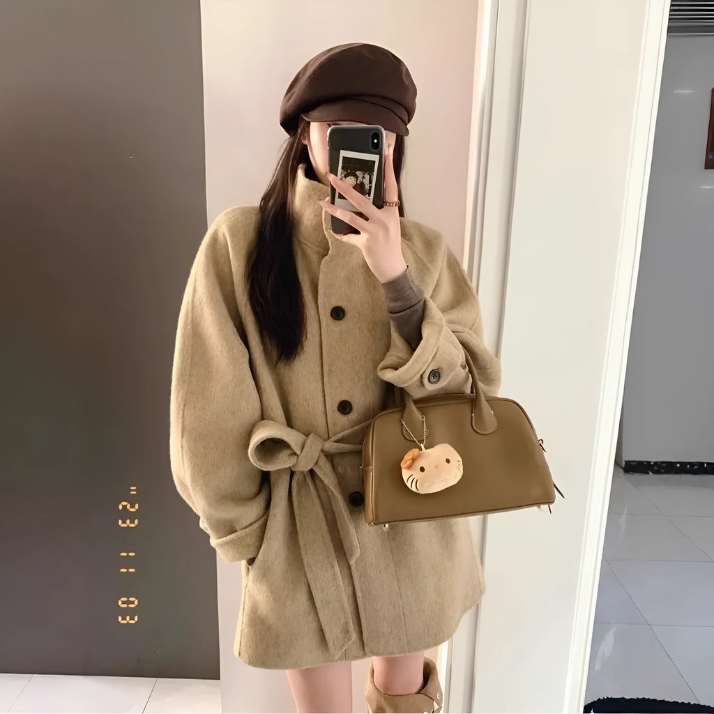 Short woolen coat women Korean casual button front khaki black S to 2XL 50cm length