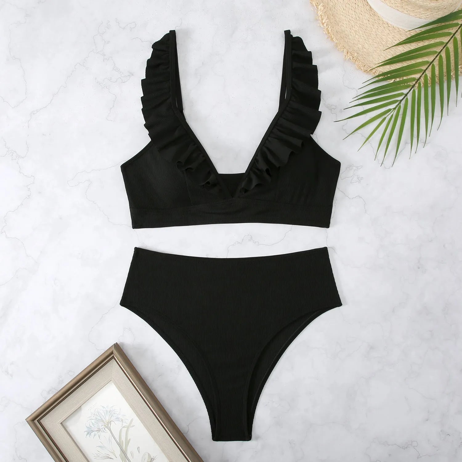 Striped retro-style bikini swimsuit with split construction and small chest fit in quick-drying polyester fabric
