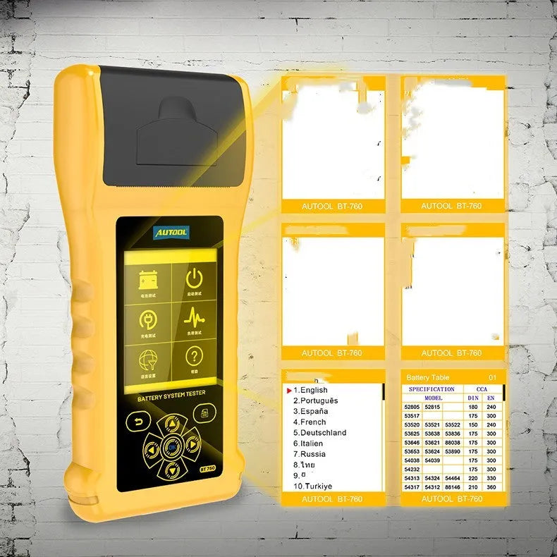 Autool BT760 handheld vehicle battery tester with colour screen and attached test clips on a workshop bench