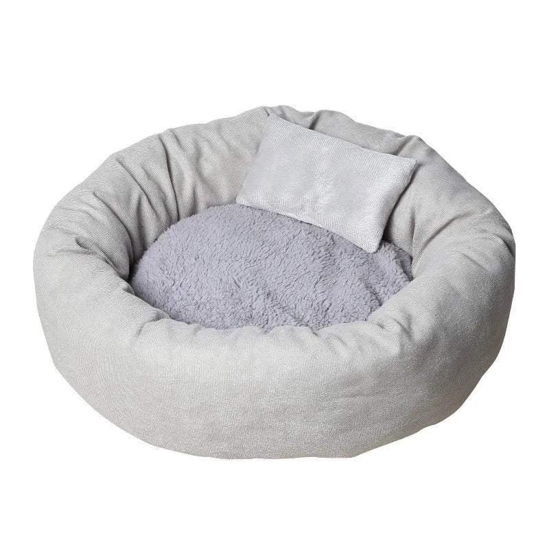 Circular dog bed with PP cotton filling and pillow in light grey colour