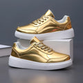 Rose gold and gold sequin platform sneakers with thick MD sole and stitching detail.