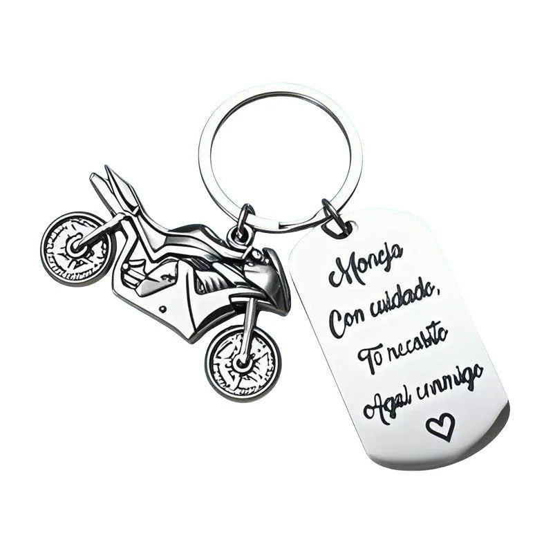 Stainless steel key ring with motorcycle design and flannel storage bag for key organisation