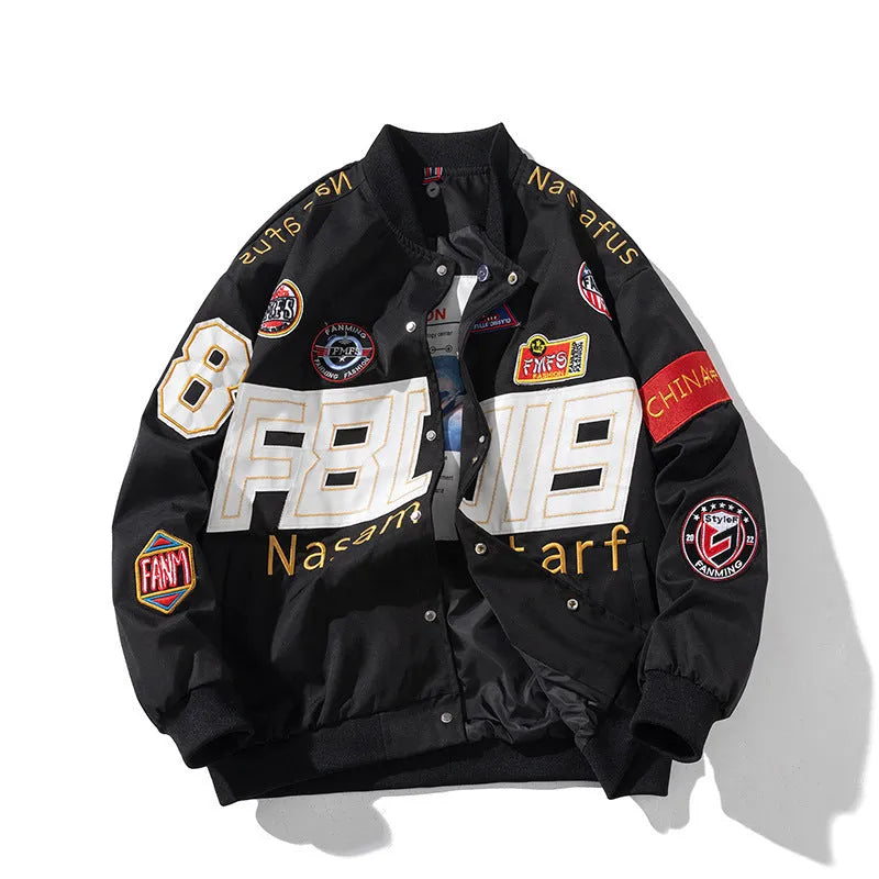 Autumn winter motorcycle baseball uniform jacket in black, red, or blue with detachable hood and side seam pockets